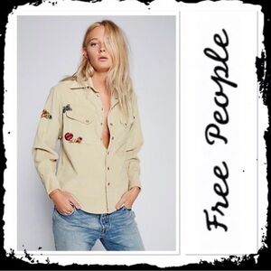 Free People Beige Embroidered Button-Down Corduroy Shirt
